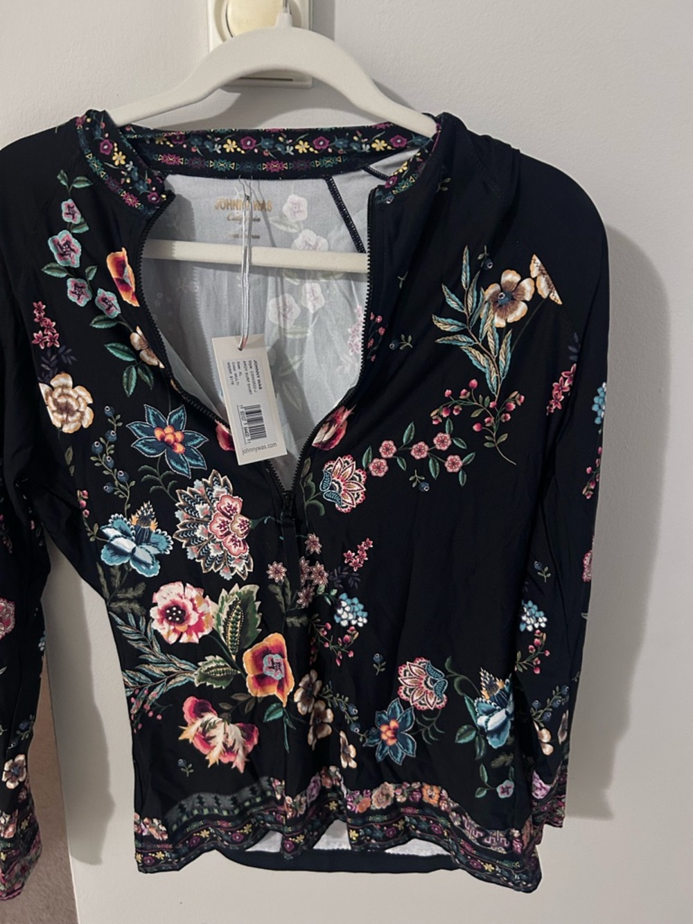 Johnny Was Black Floral Ardy Surf Shirt with Multicolor Blooms